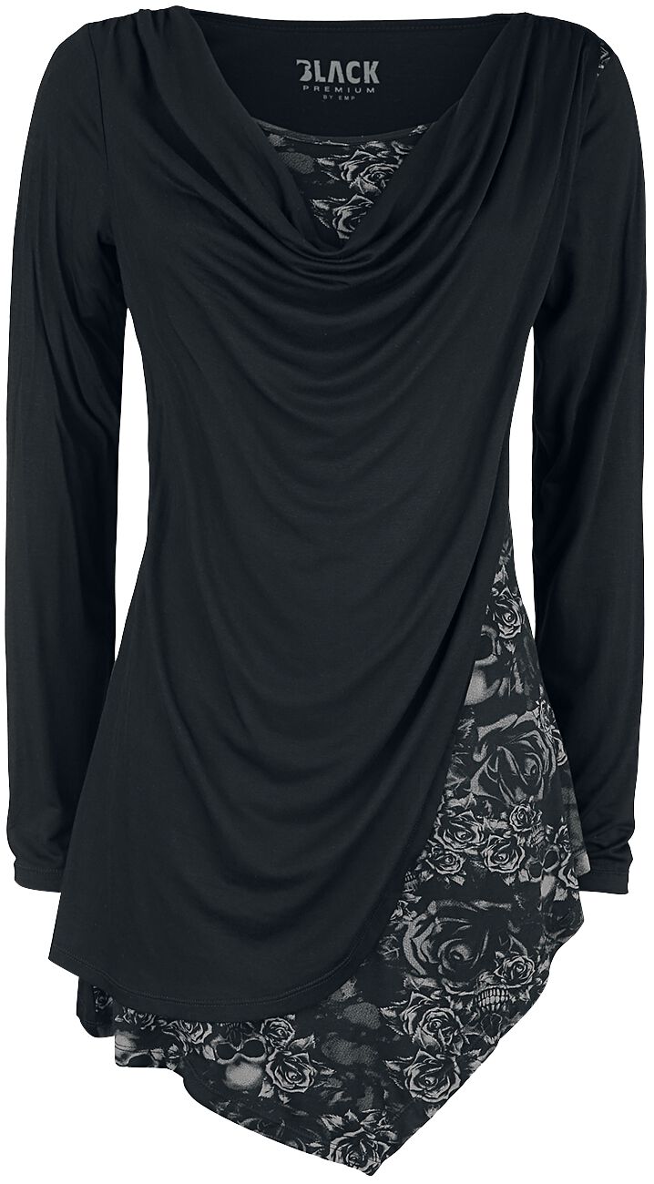 Black Premium by EMP Schwarzes Langarmshirt mit Wasserfallausschnitt und Print Langarmshirt schwarz