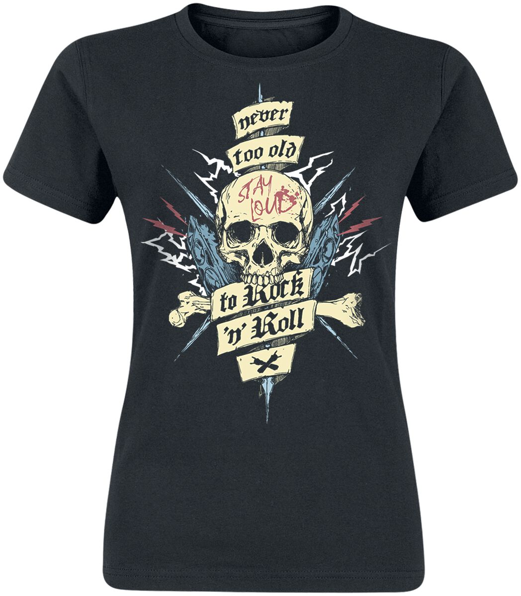 T-Shirt Manches courtes Fun de Slogans - Never Too Old To Rock 'n' Roll - S à XL - pour Femme - noir