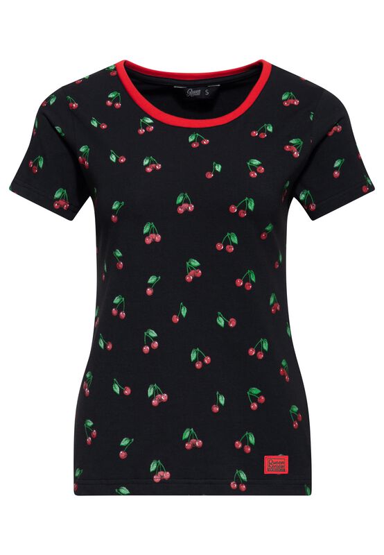 T-Shirt Rockabilly Di Queen Kerosin - Cherry“ Ringer T-Shirt With All-Over Print - Xs A 3XL - Donna - Nero
