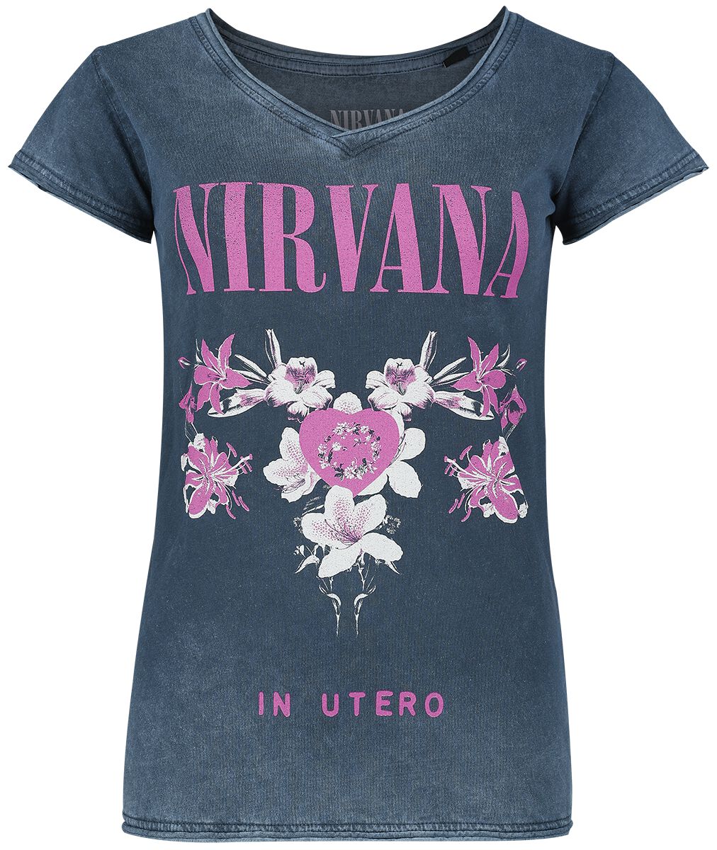Nirvana T-Shirt - Flowers - S bis XXL - für Damen - Größe XL - navy  - Lizenziertes Merchandise!