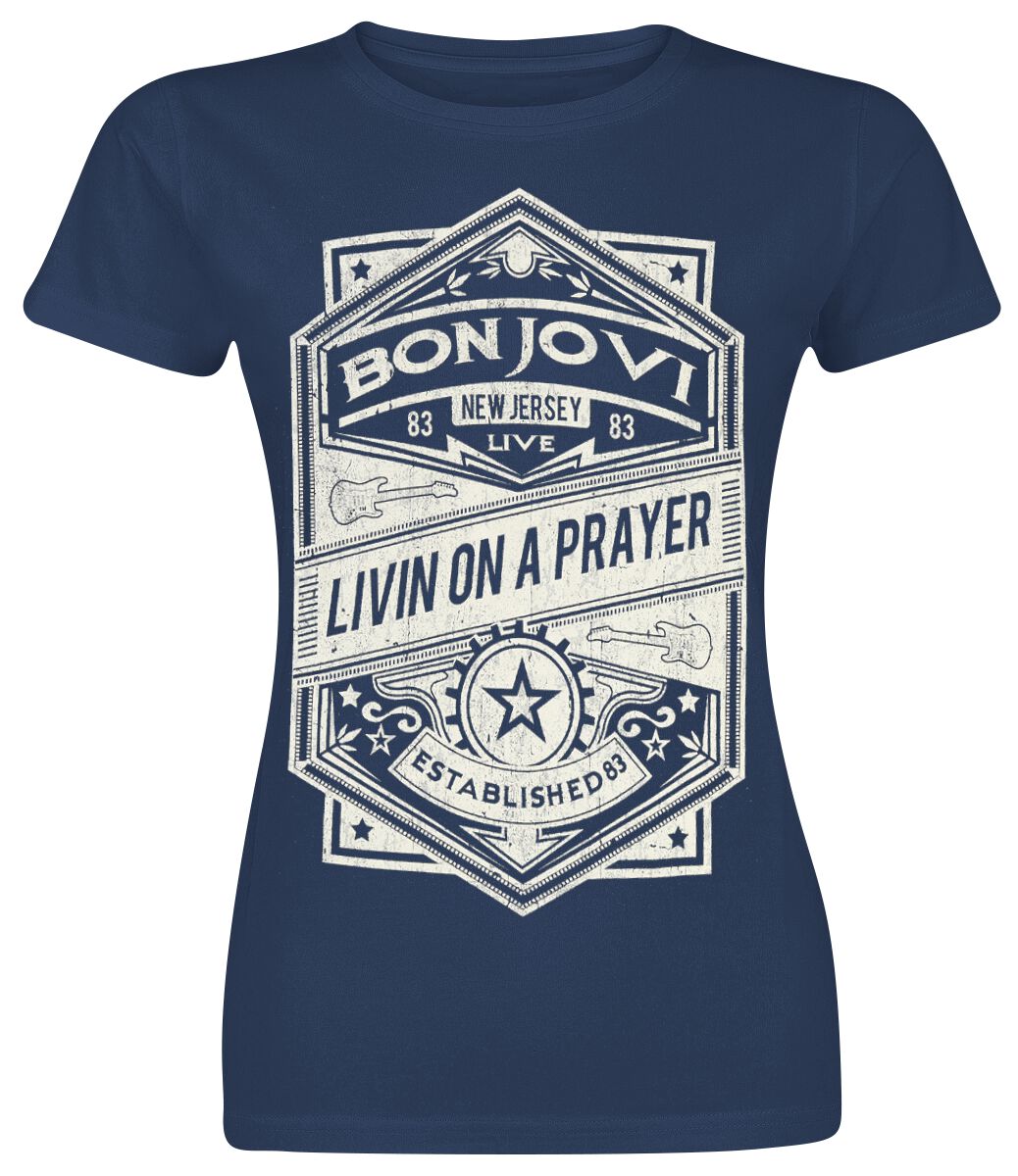 Offizielles Merchandise bei EMP - Bon Jovi Living On A Prayer T-Shirt für Damen in den Größen XXL verfügbar. Farbe: dunkelblau, Muster: Meliert, Hauptmaterial: 100% Baumwolle, Passform: Regular, Ärmellänge: Kurzer Ärmel, Ausschnitt: Rundhals, Kragenform: Kragenlos. - 0