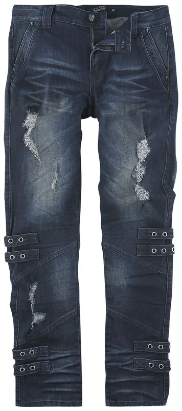 Blaue Jeans mit Destroyed Effekte und Ösen-Applikationen
