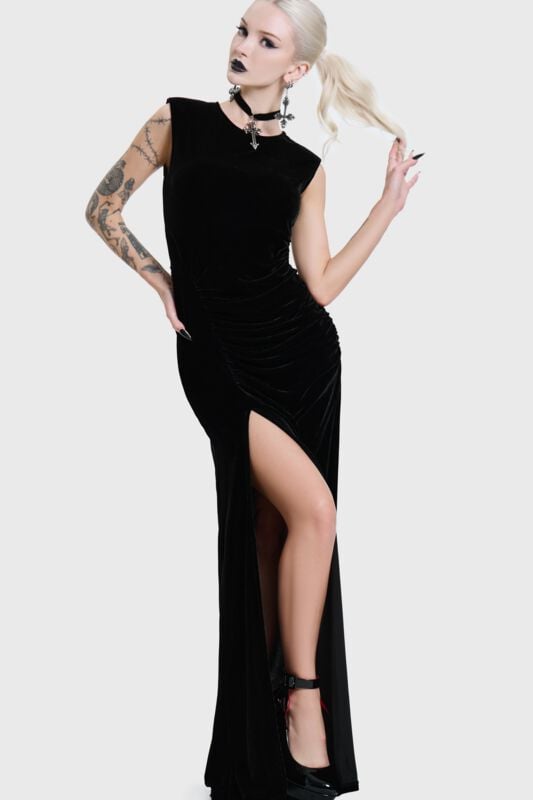 KIHILIST by KILLSTAR - Gothic Kleid lang - NOVA VELVET KNOT MAXI DRESS - XS bis XXL - für Damen - Größe XS - schwarz