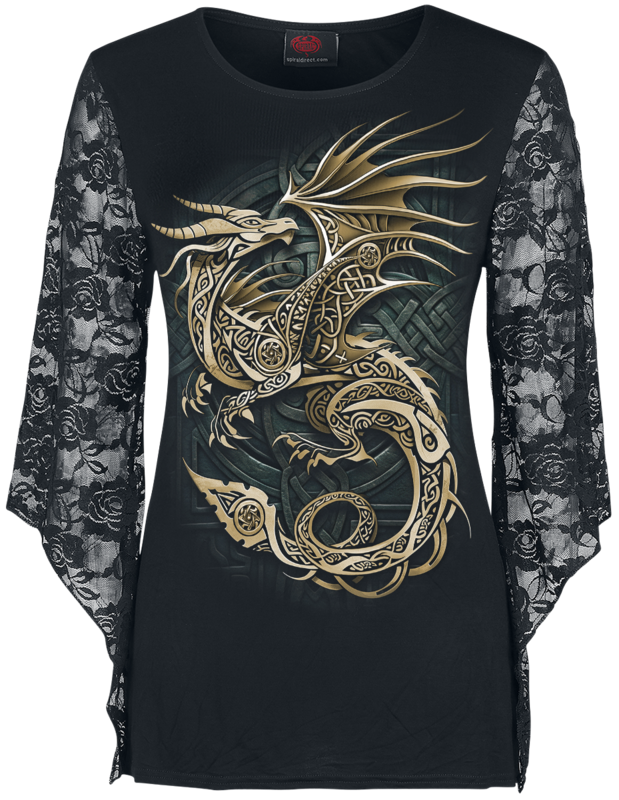 Spiral  Long-sleeve Shirt - Celtic Dragon - Long-sleeved Top with lace details - for Women - black