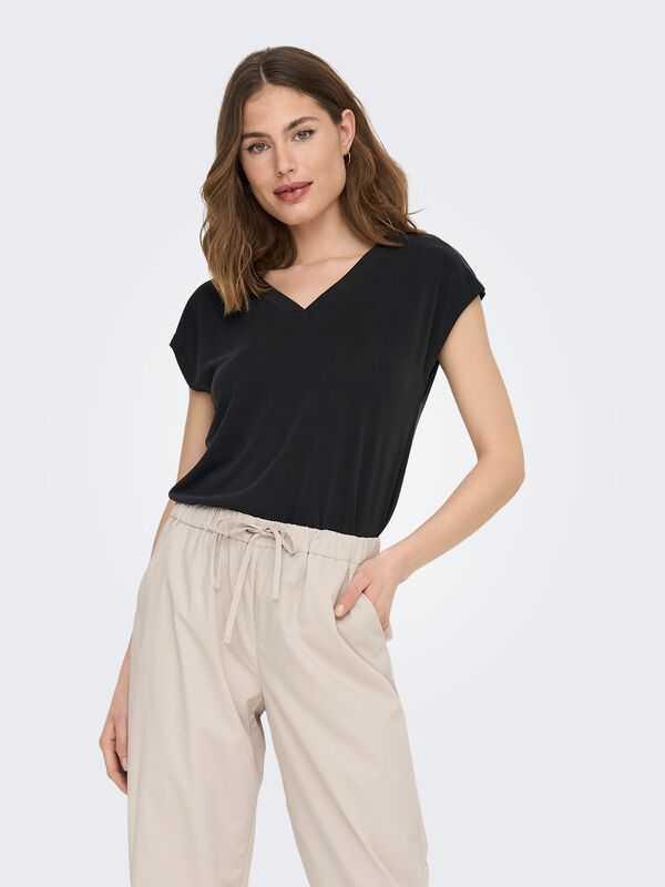 Only T-Shirt - ONLFREE S/S MOD.V-NECK TOP JRS NOOS - XS bis XL - für Damen - Größe M - schwarz