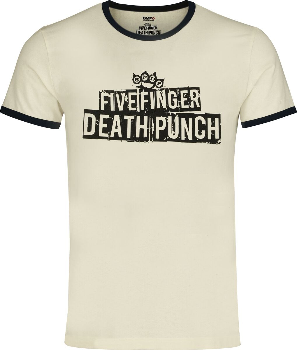 Five Finger Death Punch T-skjorte - Logo - Ringer Shirt - S til 5XL - Herrer - antikk hvit