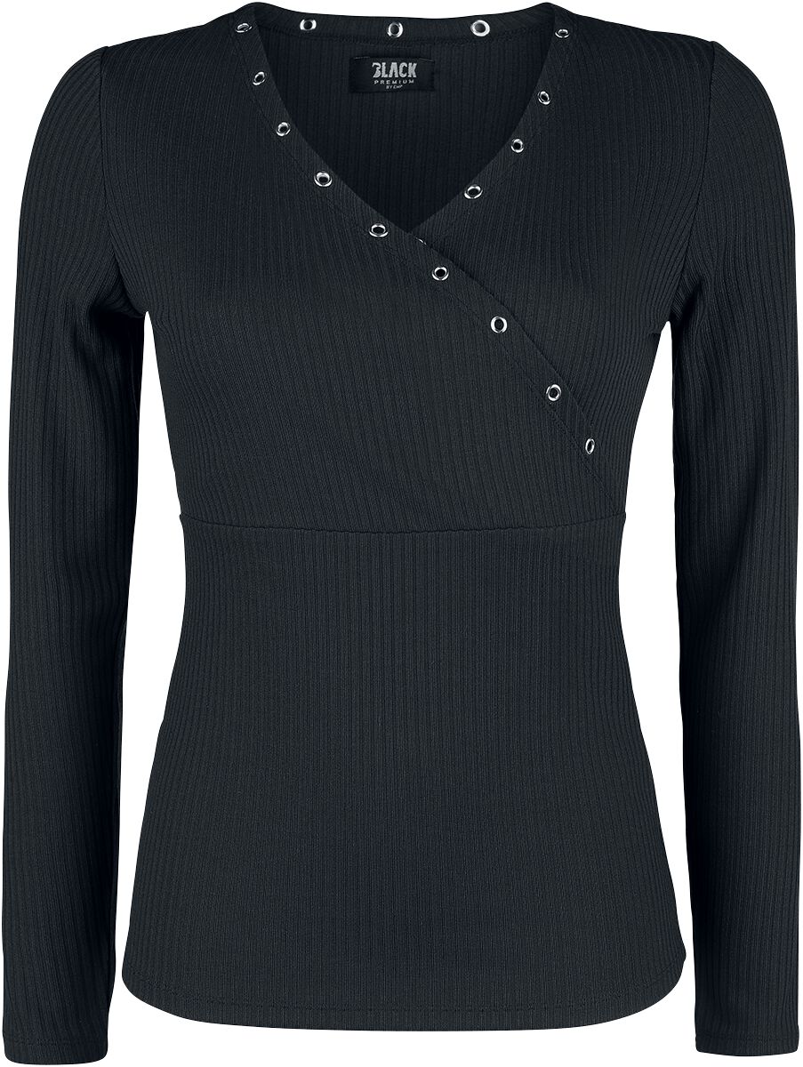 Levně Black Premium by EMP Černé tričko s dlouhými rukávy, očky a Véčkovým výstřihem Dámské tričko s dlouhými rukávy černá