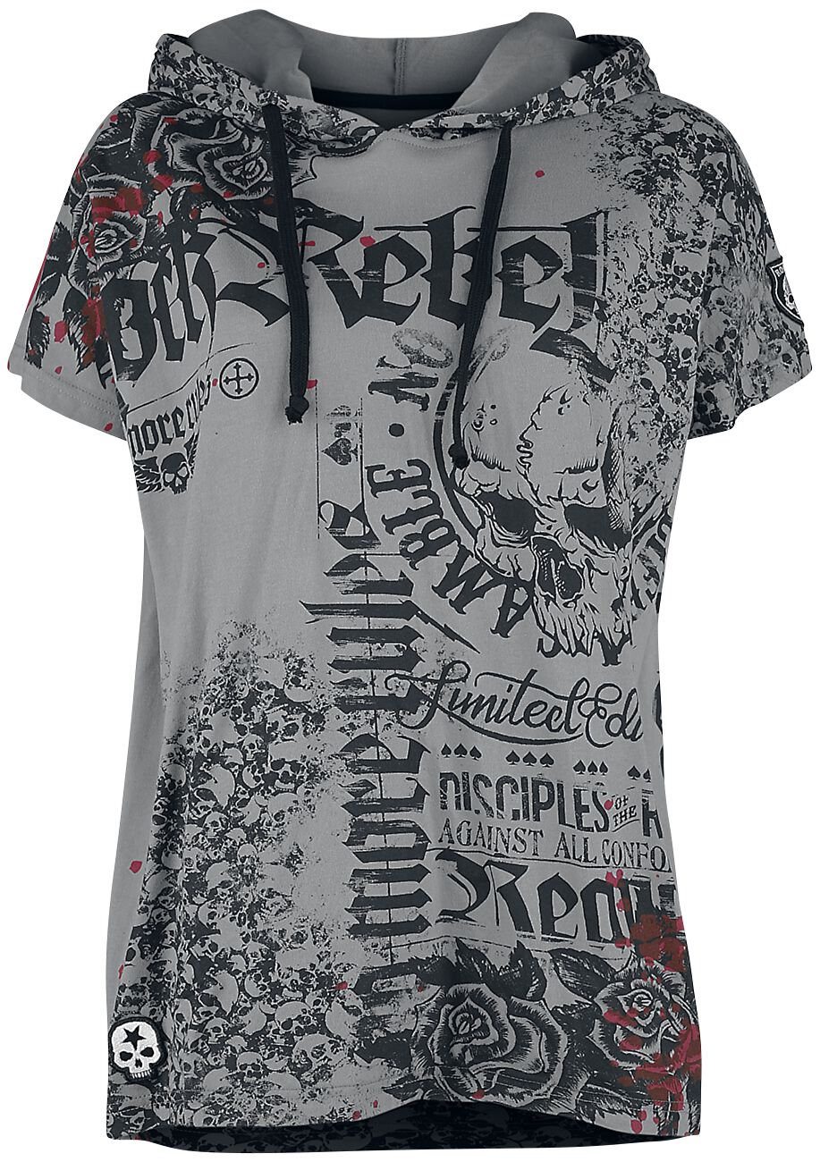 Rock Rebel by EMP Lässig geschnittenes T-Shirt mit Prints und Kapuze T-Shirt grau in XS