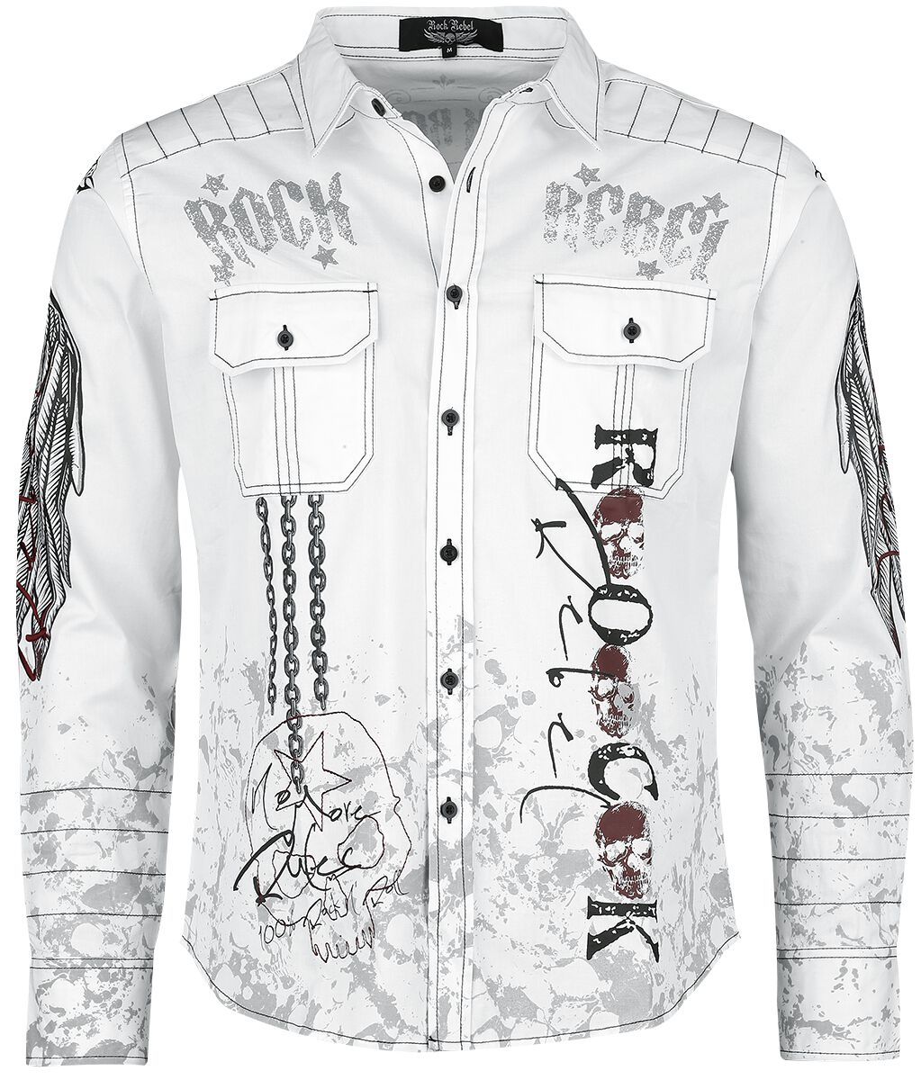 Rock Rebel by EMP - Rock Langarmhemd - Shirt with Rock Rebel Prints - M - für Männer - Größe M - weiß