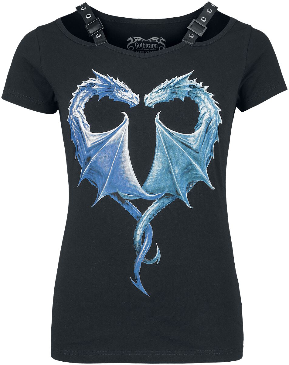Levně Gothicana by EMP Černé tričko Gothicana x Anne Stokes s velkým potiskem s drakem na přední straně Dámské tričko černá