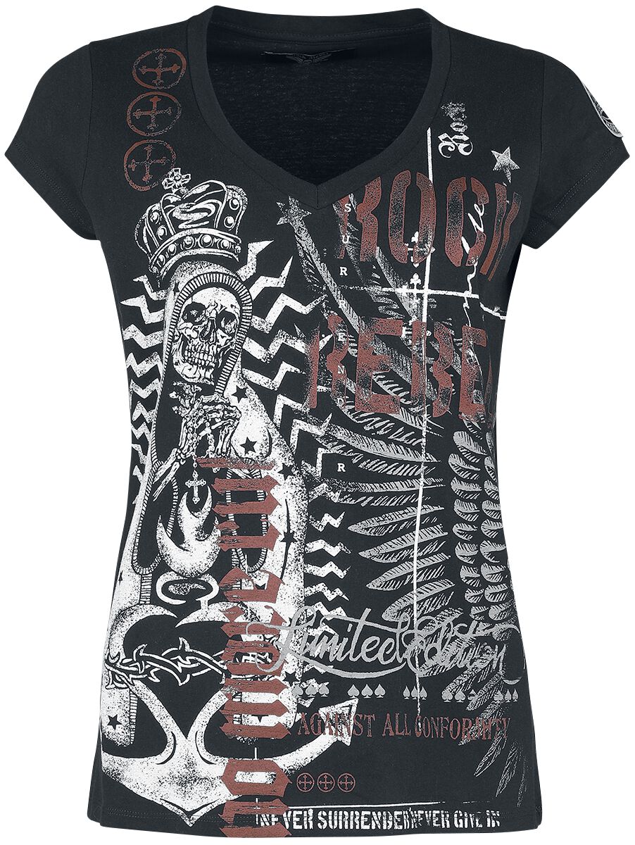 T-Shirt mit auffälligem Skull Print und Schriftzügen T-Shirt schwarz von Rock Rebel by EMP RN12764