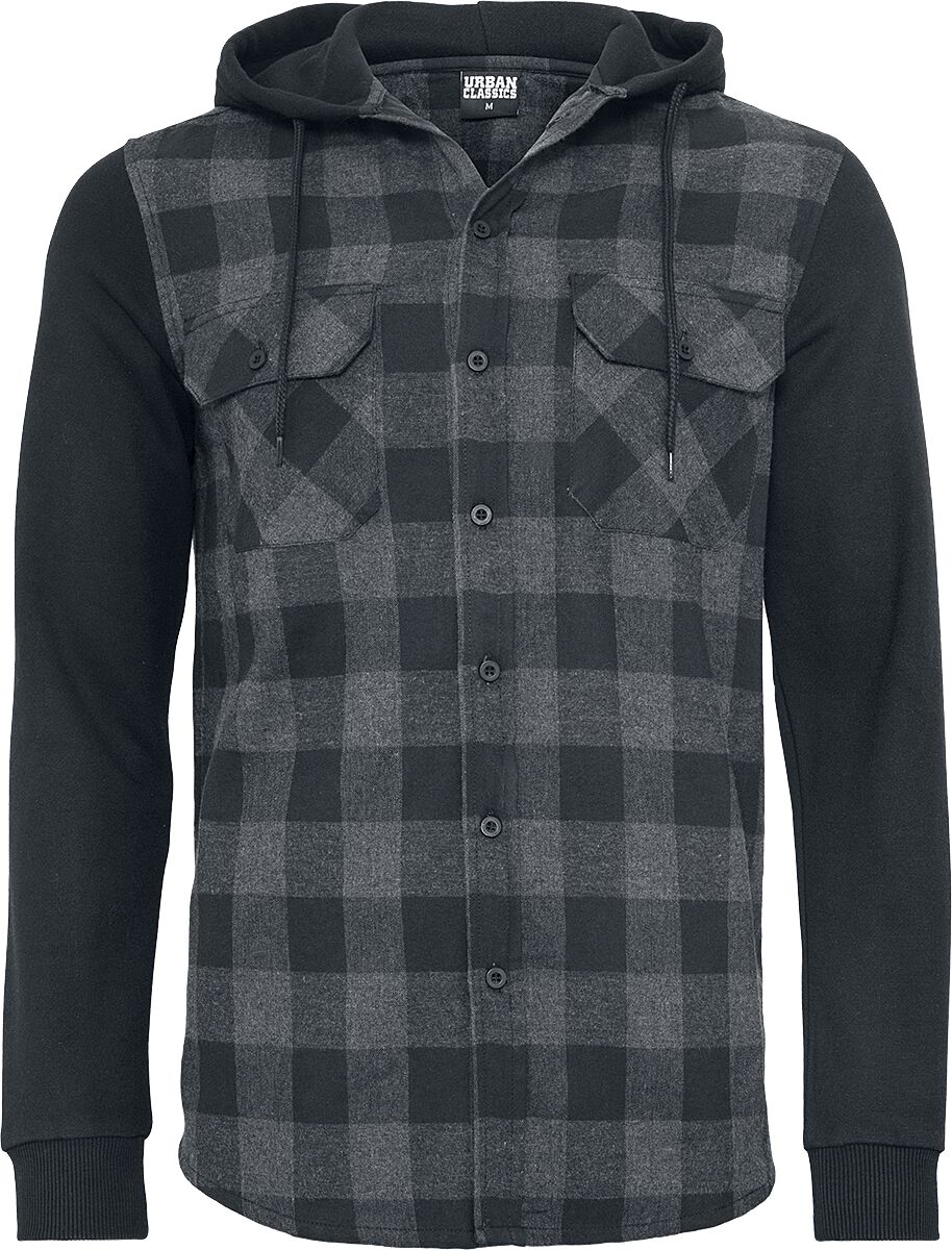 Urban Classics Flanellhemd - Hooded Checked Flanell Sweat Sleeve Shirt - XXL bis 5XL - für Männer - Größe XXL - schwarz/grau