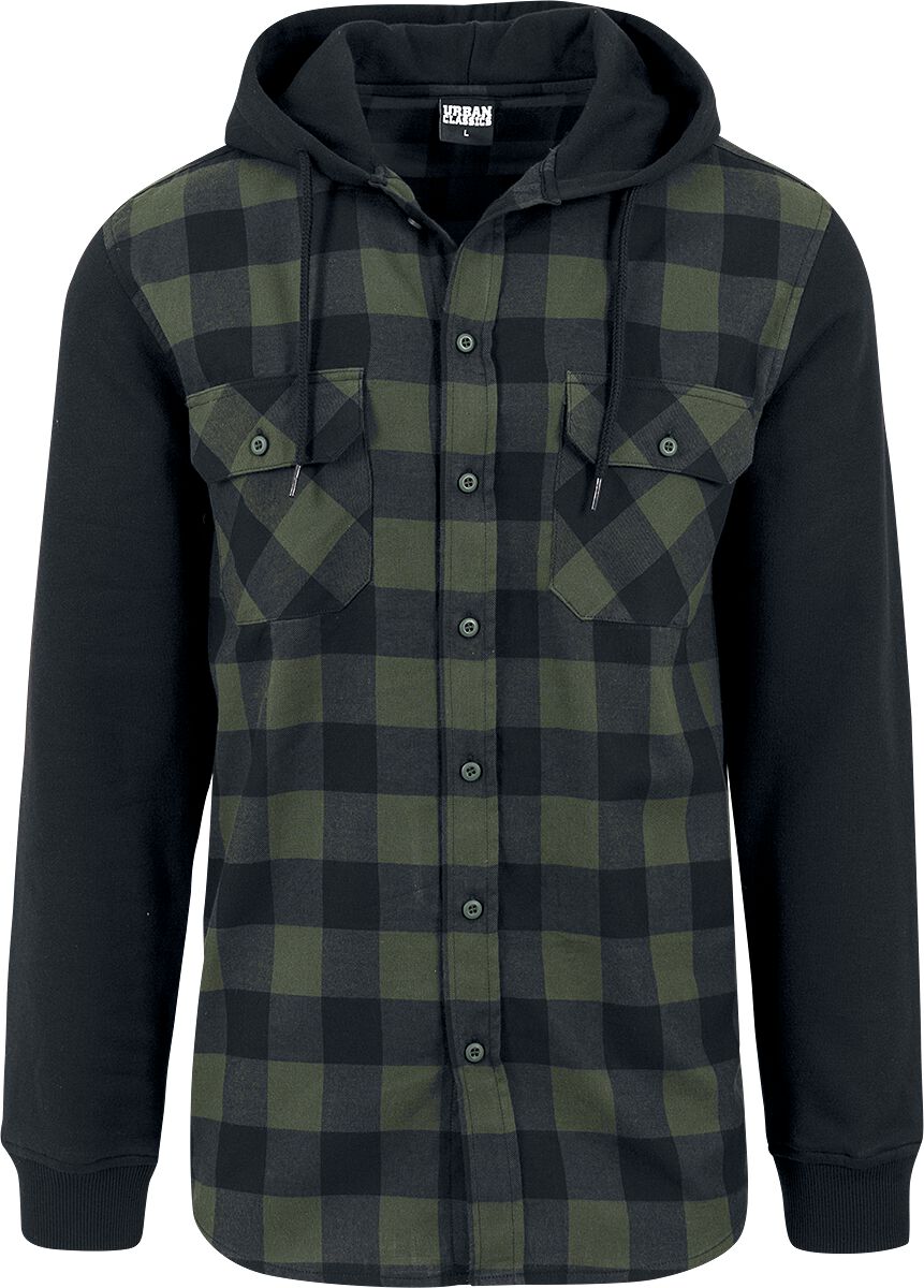 Urban Classics Flanellhemd - Hooded Checked Flanell - S bis XXL - für Männer - Größe XXL - schwarz/grün