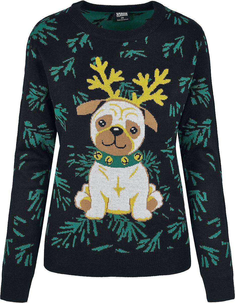 Urban Classics Ladies Pug Christmas Sweater Christmas jumper black green