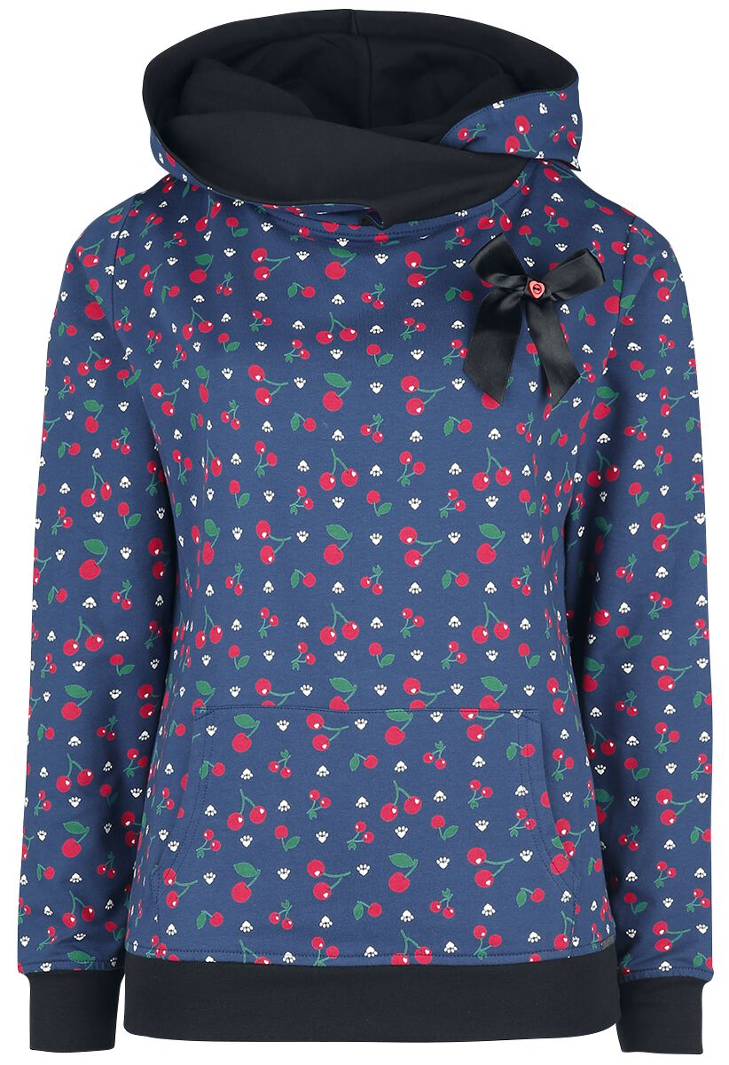 Image of Felpa con cappuccio Rockabilly di Pussy Deluxe - Cat Paws & Cherries Girl Shawl Hoodie - XS a S - Donna - blu