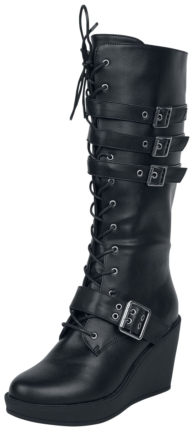 Levně Gothicana by EMP Černé boty na šněrování s podpatkem a přezkami boty černá
