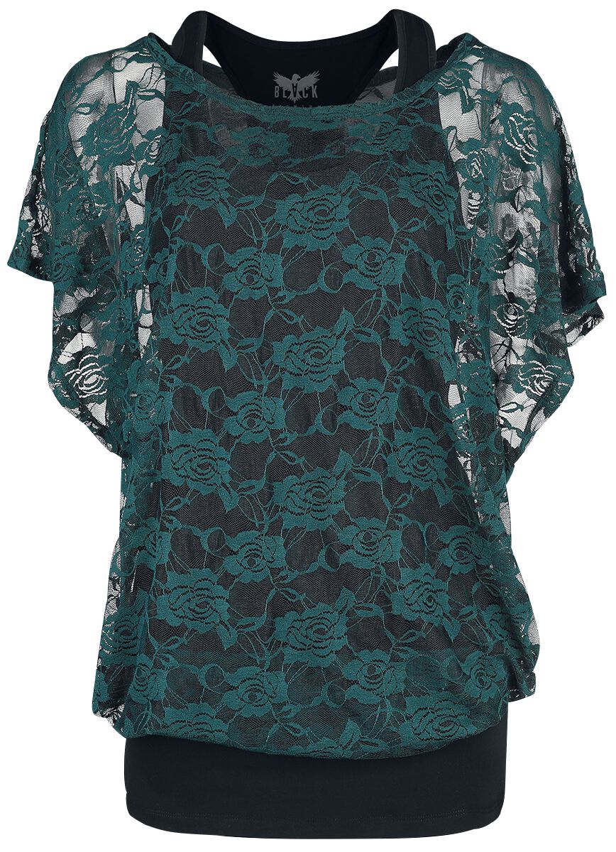 Image of T-Shirt di Black Premium by EMP - Black top with green lace T-Shirt - S a XL - Donna - nero/verde