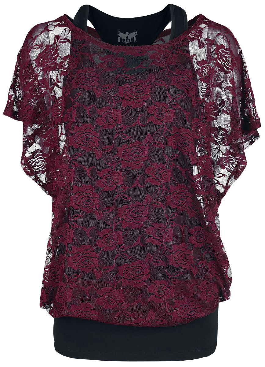 Image of T-Shirt di Black Premium by EMP - Bordeaux red lace shirt with black top - S a 4XL - Donna - nero/bordeaux