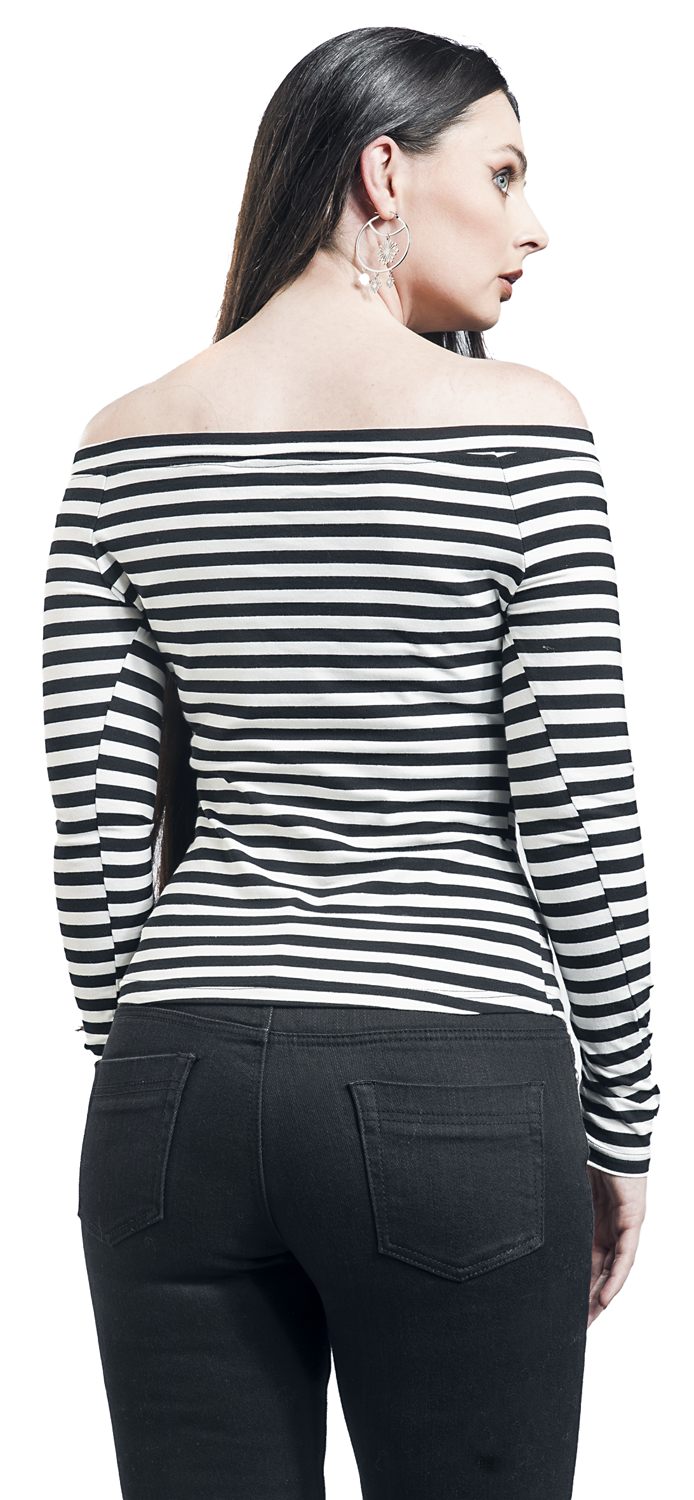 Voodoo Vixen Houdini Black And White Striped Cosy Boatneck Top Langarmshirt weiß schwarz