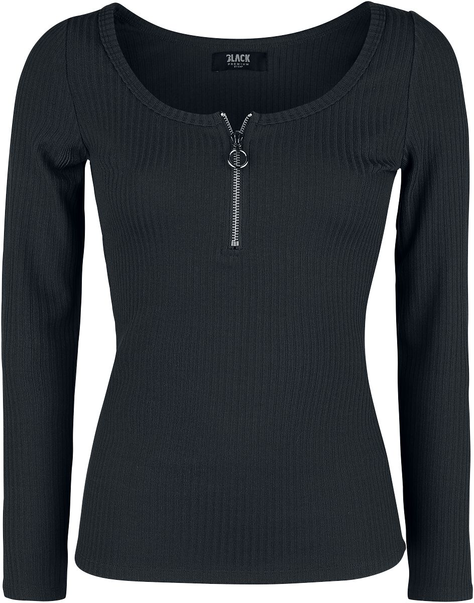 Levně Black Premium by EMP Černý top s dlouhými rukávy se zipem na dekoltu Dámské tričko s dlouhými rukávy černá