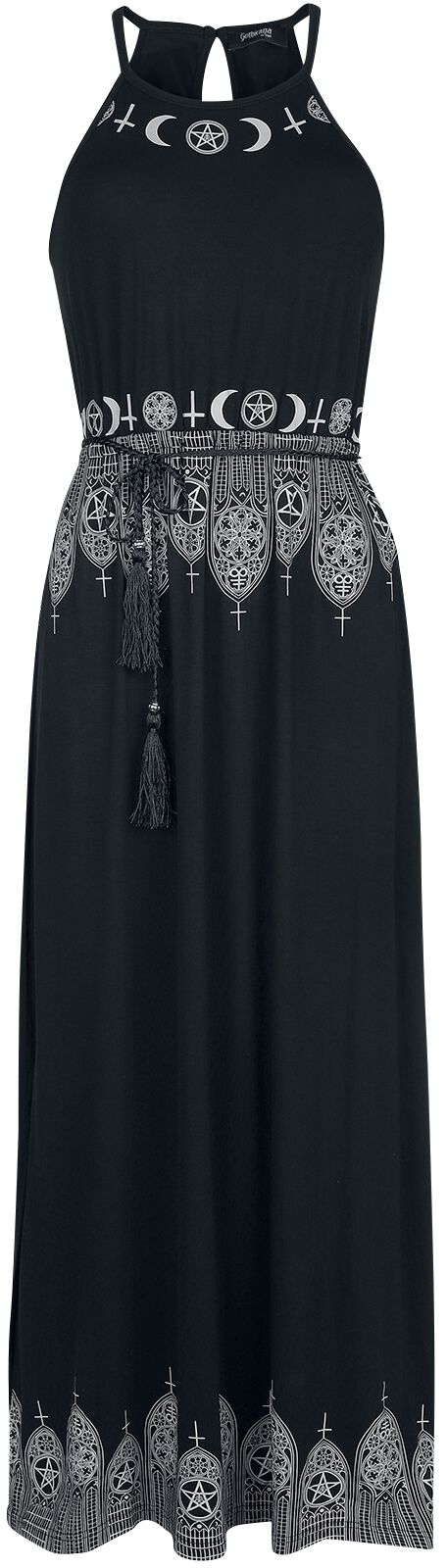 Gothicana by EMP Schwarzes Maxikleid mit Prints und schmalem Bindegürtel Langes Kleid schwarz in 4XL