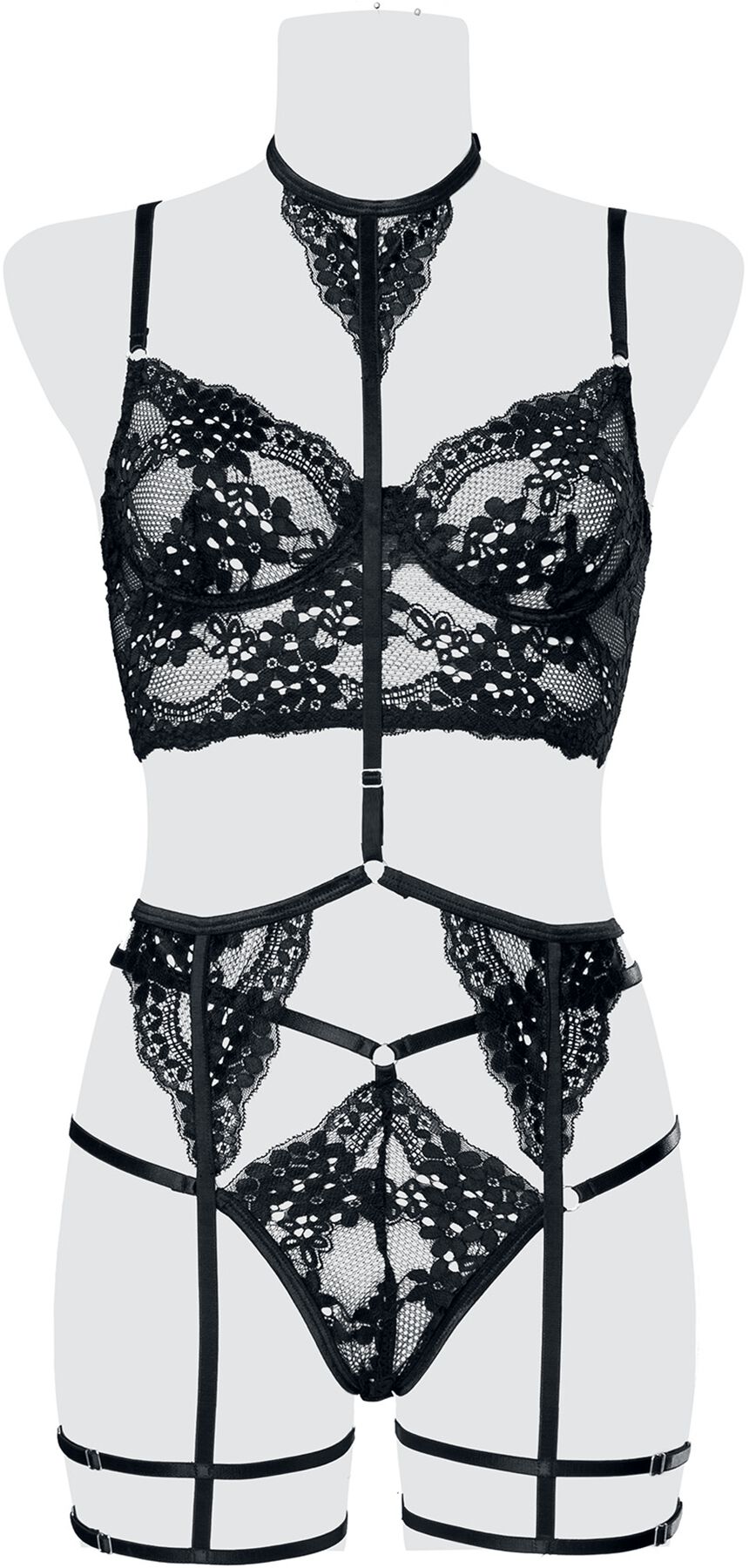 Image of Abbigliamento intimo Gothic di Grey Velvet - 3-Part Lace Straps Cami Set - S a XL - Donna - nero