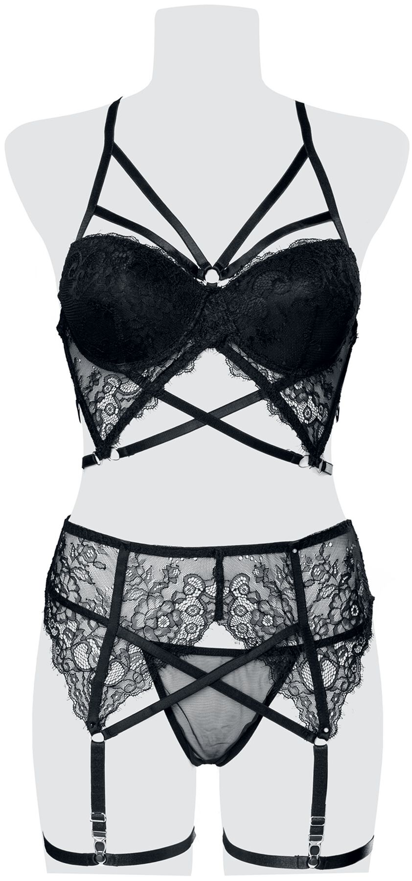 Image of Abbigliamento intimo Gothic di Grey Velvet - 3-Part Lace Harness Bra Set - S a XL - Donna - nero