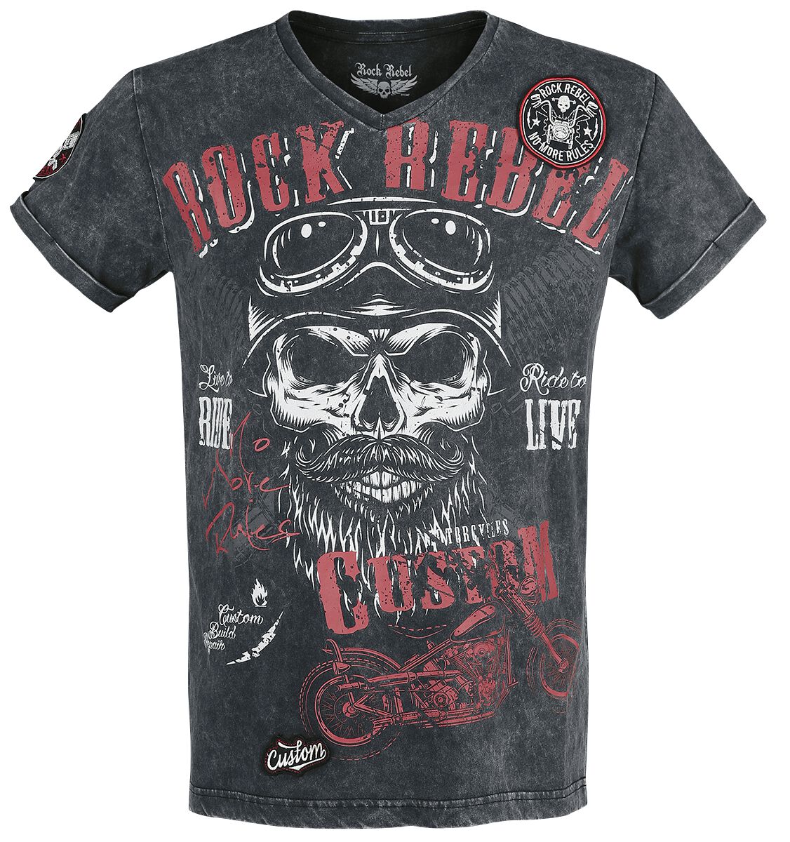 Levně Rock Rebel by EMP Černé tričko s Véčkovým výstřihem a potiskem Tričko černá