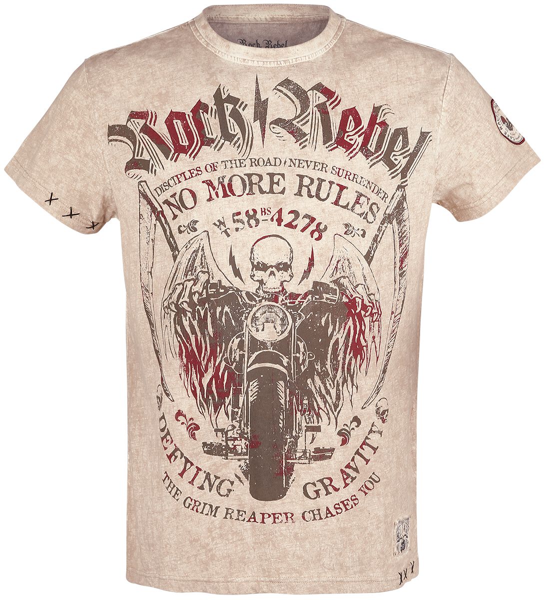 Levně Rock Rebel by EMP Béžové tričko s klasickým výstřihem a potiskem Tričko béžová