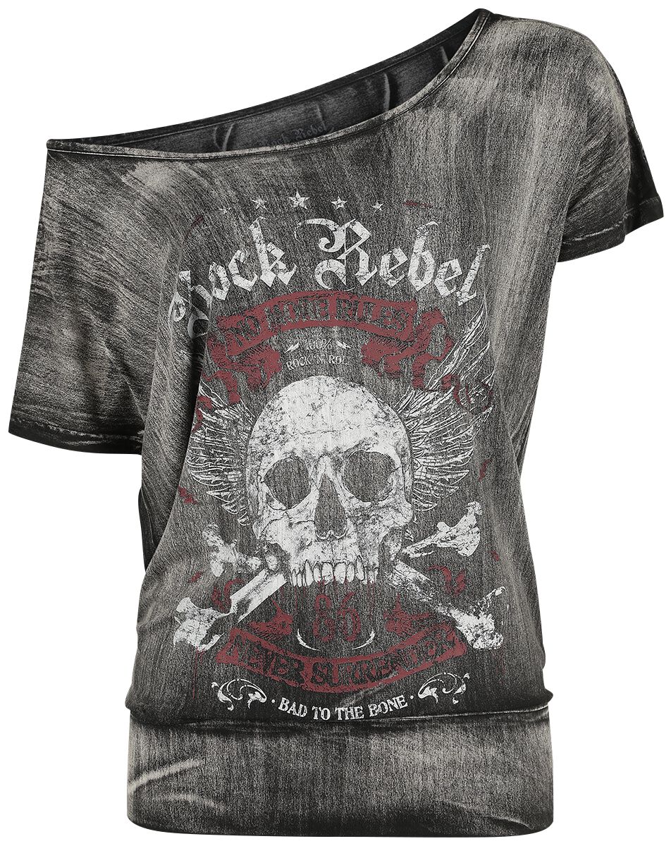 Image of T-Shirt di Rock Rebel by EMP - Dark Grey T-shirt with Wide Neckline and Print - S a 4XL - Donna - grigio scuro