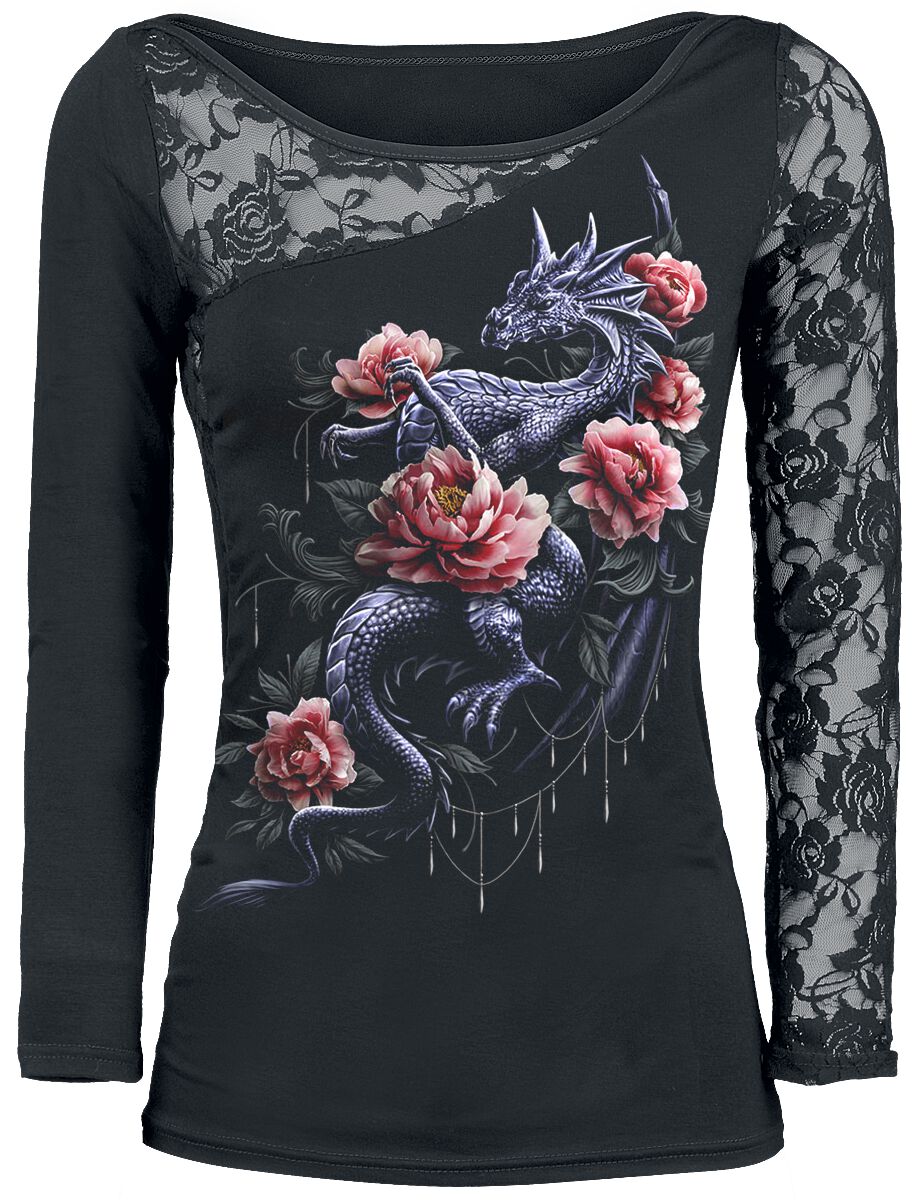 Levně Spiral Dragon Rose Slant Dámské tričko s dlouhými rukávy černá