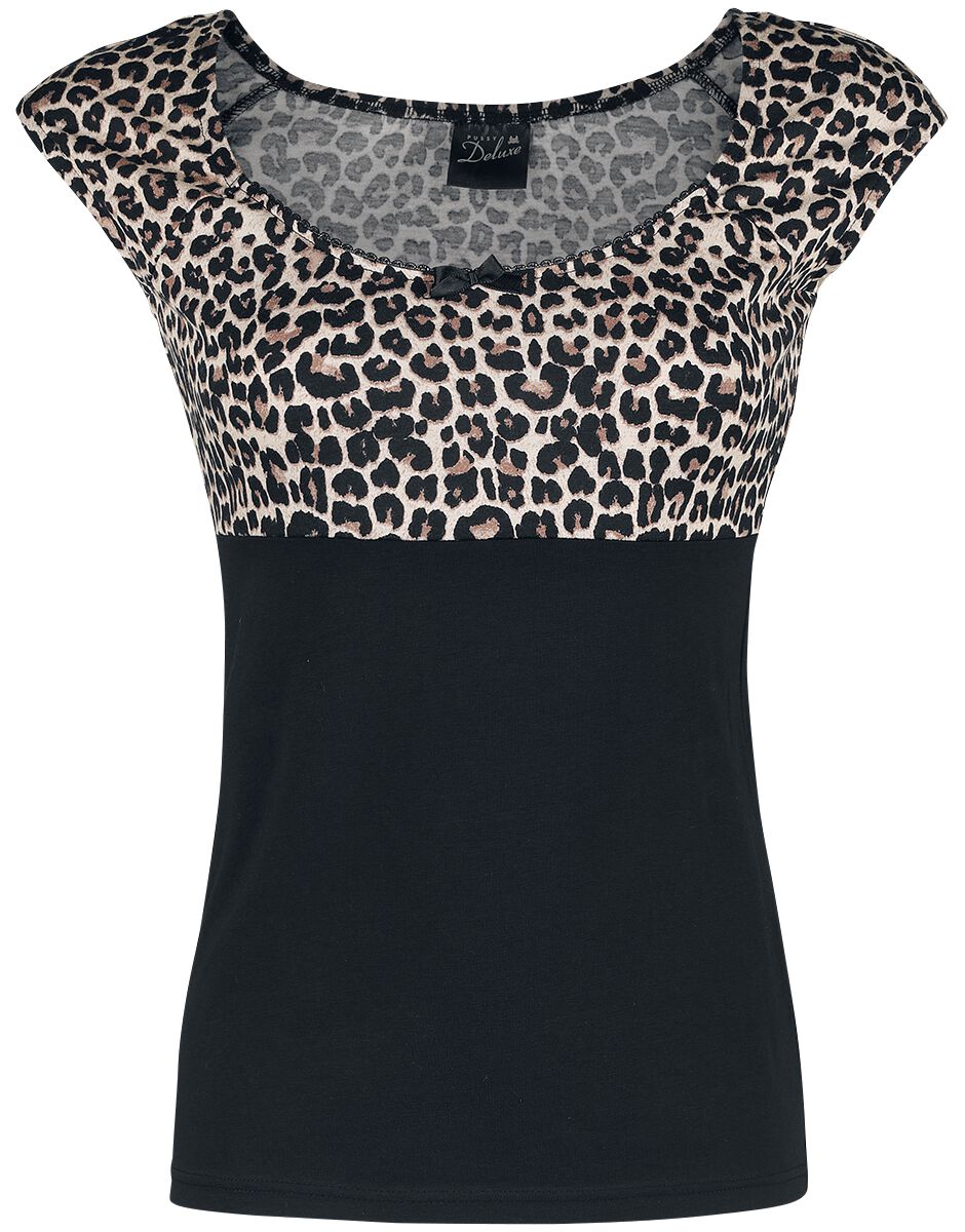 Image of T-Shirt Rockabilly di Pussy Deluxe - Leo Evie Shirt - XS a XXL - Donna - nero/leopardato