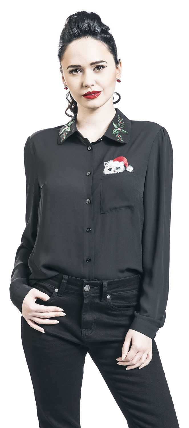 Banned Retro Pocket Cat Blouse Bluse schwarz