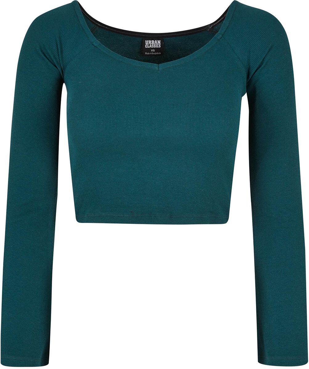 Urban Classics Ladies’ short rib wide V-neck long-sleeved top Long-sleeve Shirt dark green