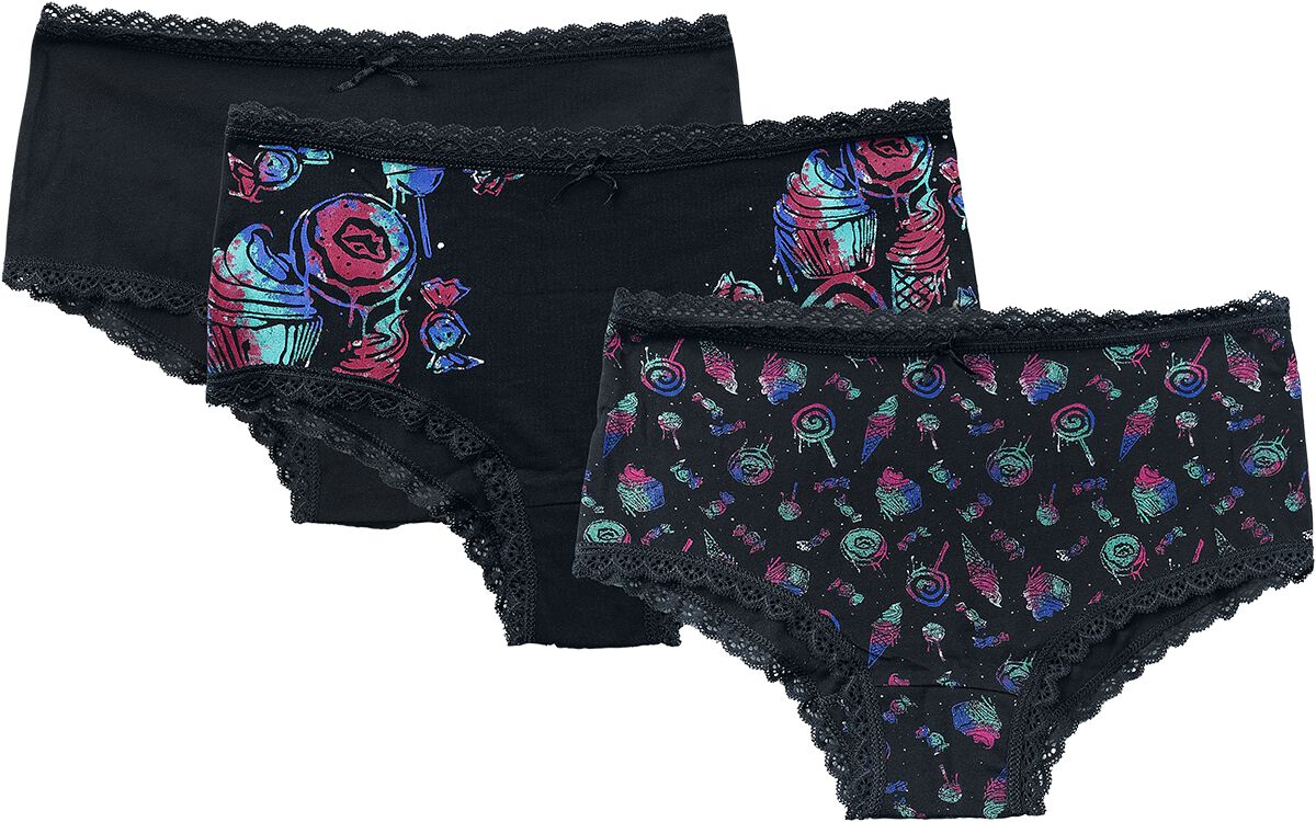 Image of Abbigliamento intimo di Full Volume by EMP - Set of three pairs of underwear with sweets print - S a 5XL - Donna - nero