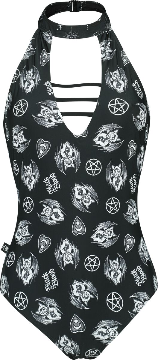 Black Blood by Gothicana - Gothic Badeanzug - Neckholder Swim Suit With Mystical Symbols - S bis XXL - für Damen - Größe S - schwarz