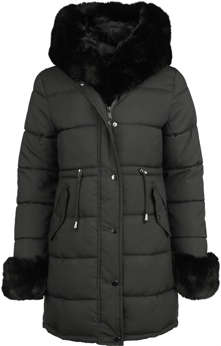 QED London - Rockabilly Mantel - Fur Trim Padded Hooded Coat - S bis XL - für Damen - Größe XL - schwarz