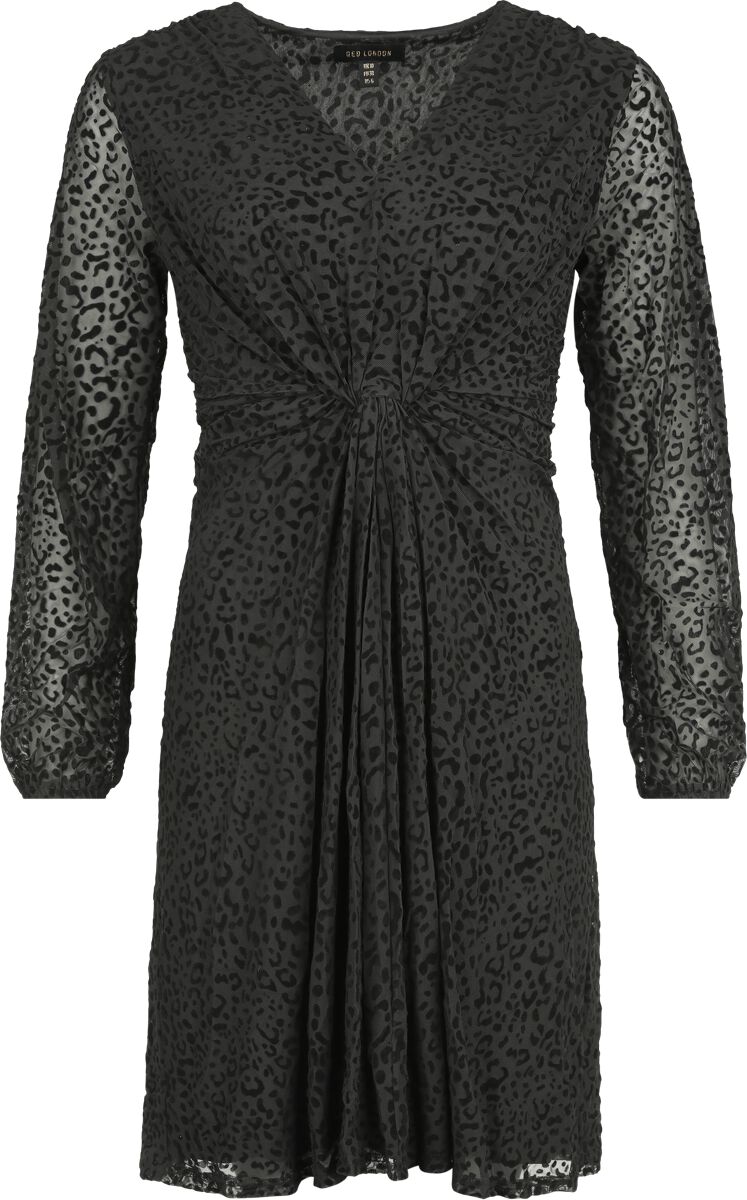 QED London - Rockabilly Kurzes Kleid - Leopard Velvet Flocking Knot Front Mini Dress - XS bis XL - für Damen - Größe M - schwarz