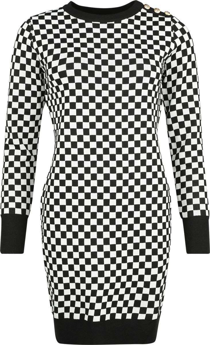 QED London - Rockabilly Kurzes Kleid - Chess Square Monochrome Knitted Dress - S-M - für Damen - Größe S-M - schwarz/weiß