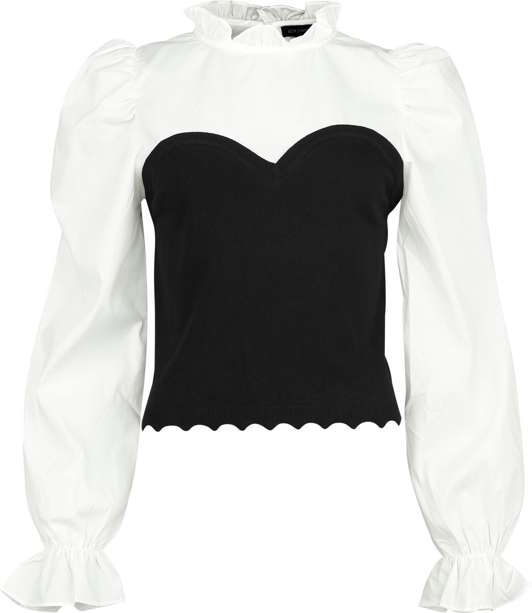 QED London - Rockabilly Bluse - Corset Detail Frill Collar Puff Sleeve Shirt - M bis L - für Damen - Größe M - schwarz/weiß