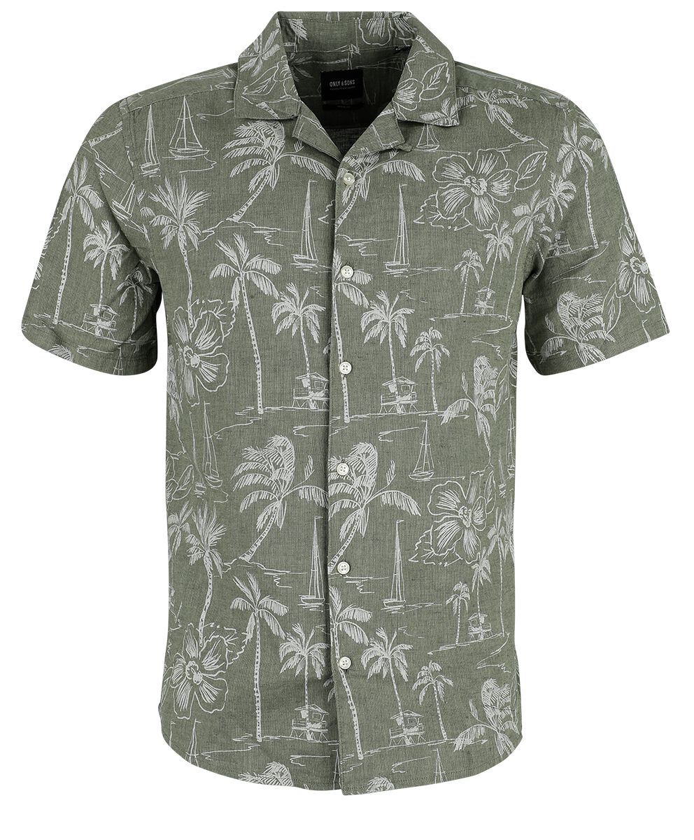 ONLY and SONS Kurzarmhemd - ONSCaiden Reg Hawaii AOP Linen - S bis XXL - für Männer - Größe XL - grün