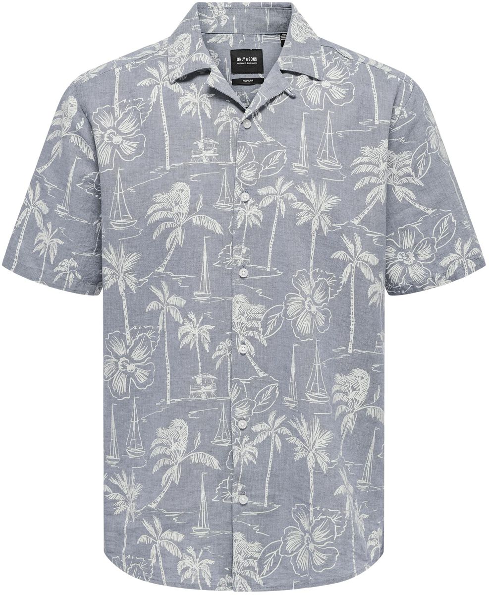 Image of Camicia Maniche Corte di ONLY and SONS - ONSCaiden Reg Hawaii AOP Linen - S a XL - Uomo - blu