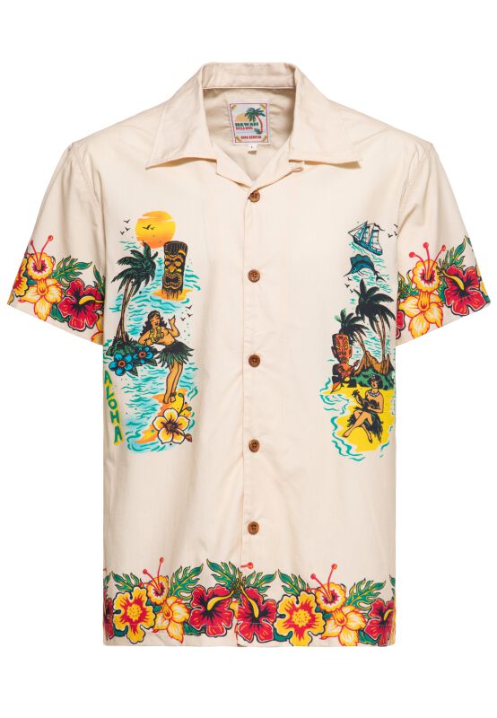 King Kerosin - Rockabilly Kurzarmhemd - Honolulu Tropical Hawaiian Style Shirt - M bis 4XL - für Männer - Größe L - natur