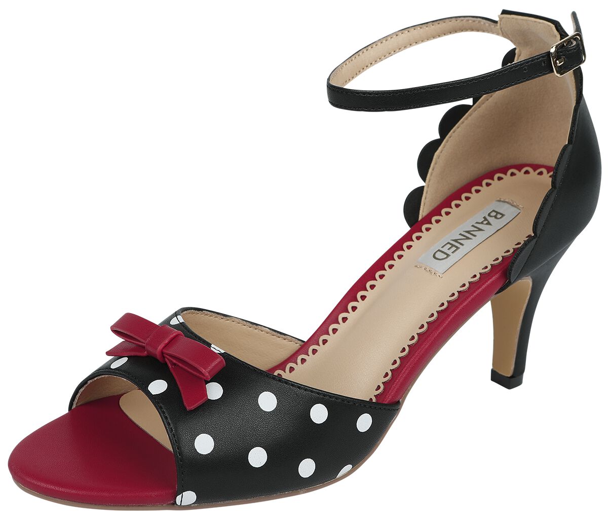 Banned Retro Poppy Polka Open Toe Sandals High Heel schwarz rot in EU38