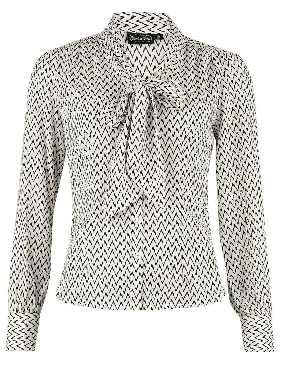 Image of Blusa Rockabilly di Voodoo Vixen - Crepe Bow Long Sleeve Blouse - XS a 4XL - Donna - bianco/nero