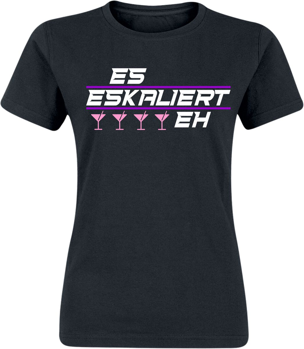 Alkohol & Party T-Shirt – Es eskaliert eh! – S bis XXL – für Damen – Größe L – schwarz Alkohol & Party T-Shirt – Es eskaliert eh! – S bis XXL – für Damen – Größe L – schwarz