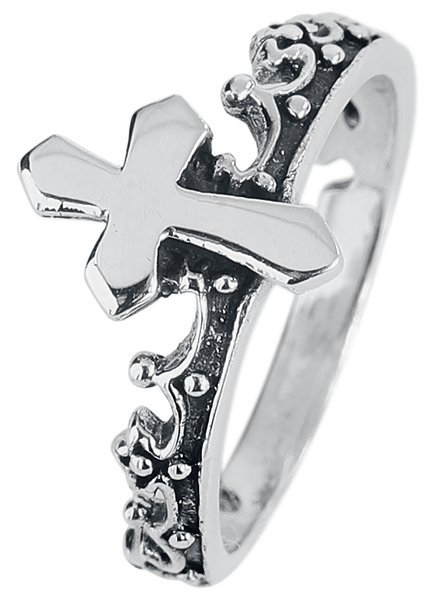 etNox - Gothic Ring - Kreuz und Krone - für Damen - schwarz/silberfarben