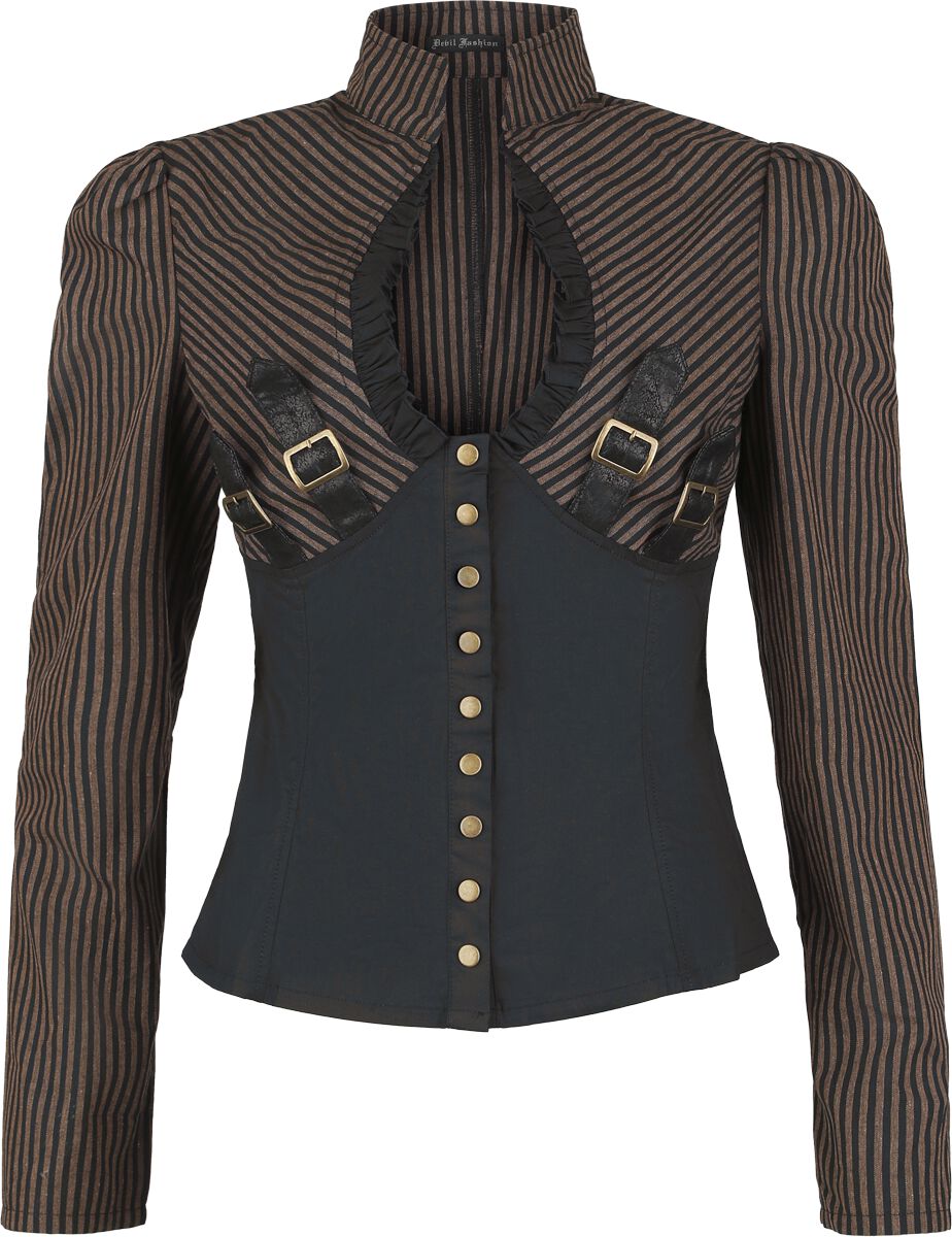 Top Gotika z Devil Fashion - Steampunk Striped Low Neck Shirt - XS do 3XL - Ženy - hnedá/čierna