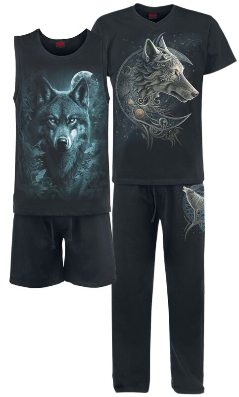 5056711237612 - Celtic Wolf - 4Pc Mens Gothic Pyjama Set Schlafanzug schwarz in S