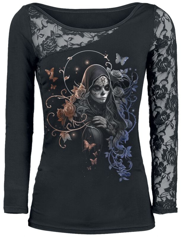 Spiral Langarmshirt - GOTHIC GRACE - F LS Lace Shoulder - S bis 4XL - für Damen - Größe 3XL - schwarz
